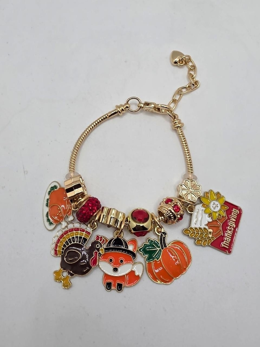 Gold-Tone Thanksgiving Charm Bracelet - Orange Pumpkin & Fox
